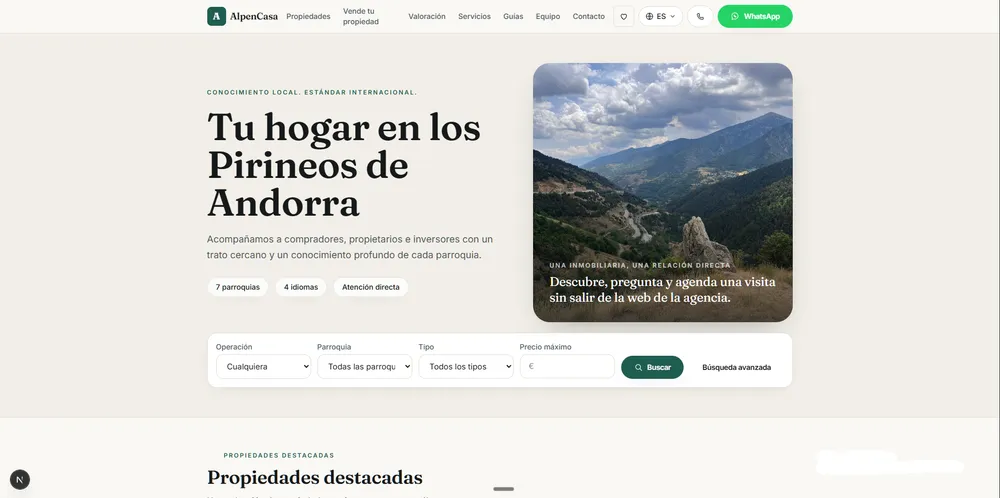 Ejemplo de landing para inmobiliaria: portada con buscador de propiedades